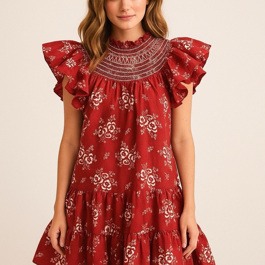 Sea New York Red Floral Embroidered Smocked Yoke Ruffle Sleeve Boho Dress M